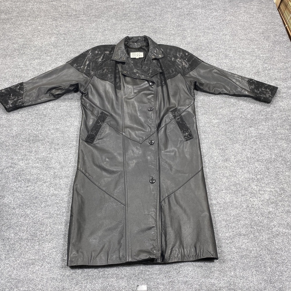 Vintage Pelle Studio Coat Womens Medium Black Leather Trench Animal Print 90s
